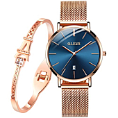 OLEVS Ultra Thin Minimalist Watches for Women and Eiffel Tower Bracelet Set Slim Casual Dress Navy Blue Dial Big Face Analog Quartz Date Wrist Watch Waterproof with Mesh Band Rose Gold