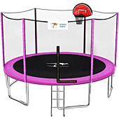 Kangaroo Hoppers 14 FT Trampoline with Safety Enclosure Net, Basketball Hoop and Ladder -2022 Upgraded Kids Basketball Hoop Trampoline -TUV & ASTM Tested (PINK-14FT)
