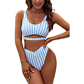 Blooming Jelly Womens Cheeky High Cut Bikini Set Cutout High Waisted Swimsuits Backless 2 Piece Bathing Suits (Medium, Blue & White Striped)