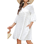 LYHNMW Women's Dresses Bell Sleeve Flowy Dress Swiss Dot Cute V Neck Mini Dress Loose