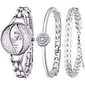 Weicam Women's Diamond Wristwatch Bangle Bracelet Jewelry Set Analog Quartz Wrist Watch for Ladies (Silver)