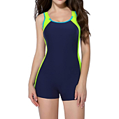 beautyin Women Boy Shorts One Piece Bathing Suits Athletic Surfing Lap Swimsuits Yellow/Navy