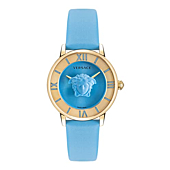 Versace La Medusa Collection Luxury Womens Watch Timepiece with a Blue Strap Featuring a IP Yellow Gold Case and Blue Dial