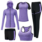 ZETIY Women's 5pcs Sport Suits Fitness Yoga Running Athletic Tracksuits (L, Purple)