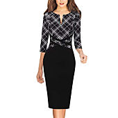 VFSHOW Womens Black and White Check Colorblock Patchwork Slim Zipper Up Work Business Office Party Bodycon Pencil Sheath Dress 6500 BLK XS