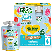GoGo squeeZ happy tummieZ Organic Apple Banana Strawberry, 3.2 oz. (4 Pouches) - Kids Snacks with Prebiotic Fiber - Gluten Free Snacks for Kids - Nut & Dairy Free - Vegan Snacks