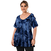 LARACE Plus Size Cold Shoulder Tops for Women Tie Dye Shirt V Neck Tunic Short Sleeve Summer Clothes Cut Out Tee(T09-DarkBlue 3X)
