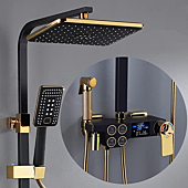 Yalsfowe Thermostatic Shower Faucet Set Black Gold, Bathtub Shower Faucet, Shower Head with Hand Shower, Tub Spout, Bidet Shower, Exposed Shower System with Temperature Display