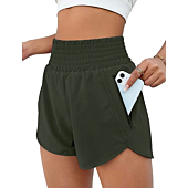 BMJL Women's Running Shorts Elastic High Waisted Shorts Pocket Sporty Workout Shorts Quick Dry Athletic Shorts Pants(S,Army Green)