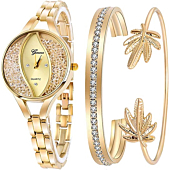 Weicam Women's Diamond Wristwatch Bangle Bracelet Jewelry Set Analog Quartz Wrist Watch for Ladies (Gold)