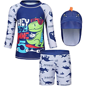 COTRIO Toddler Boys Rash Guard Sunsuits Two Pieces Bathing Suit Kids Dinosaur Rashguard Shirt Swim Trunk Swimsuit Swimwear with Sun Hat UPF 50+ (1-2 Years, Navy, M)