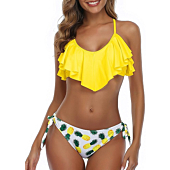 Tempt Me Yellow Two Piece Flounce Bikini Side Tie Bottom Padded Ruffled Top Swimsuit for Women Sexy Triangle Bathing Suit Yellow Pineapple S