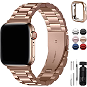Fullmosa Compatible Apple Watch Band 42mm 44mm 45mm 38mm 40mm 41mm, Stainless Steel iWatch Band with Case for Apple Watch Series 7/6/5/4/3/2/1/SE, 42mm 44mm 45mm Rose Gold