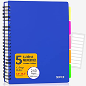 SUNEE A5 Subject Notebook College Ruled - 240 Pages, 5.5"x8.2", Spiral Lined Notebook with 5 Pocket Colored Dividers, Blue Notebooks for School Supplies, Home & Office, Writing Journal