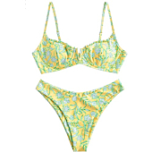 ZAFUL Women's Underwire Bikini Floral V-Wired High Leg Two Piece Bikini Set Swimsuit (0-Yellow, M)