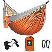 Hammock Camping, Portable Single Hammocks for Outdoor Hiking Travel Backpacking - 210D Nylon Hammock Swing for Backyard & Garden 55''W108''L (Orange/Gray)