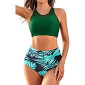Two Piece Swimsuits for Women High Waisted Swimwear Modest Crop Tops Cute Sporty High Neck Bikini,Green Leaves,XL