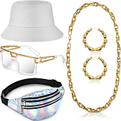 Handepo 5 Pcs Hip Hop Costume Kit 80s/90s Rapper Accessories Bucket Hat Sunglasses Rope Chain Hoop Earrings Waist Belt Bag (White, Gradient)
