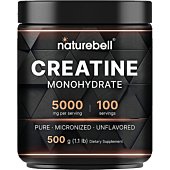 Naturebell Creatine Monohydrate Powder 500 Grams, 5000mg Per Serving, Pure Unflavored Creatine Powder - Micronized - Pre Workout | Keto | Vegan | Dissolves Easy | Filler Free - 100 Servings (1.1Lb)