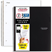 Five Star Spiral Notebooks + Study App, 2 Pack, 3 Subject, College Ruled Paper, 11" x 8-1/2", 150 Sheets, Black, White (73015)