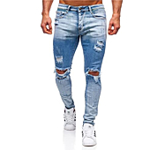 HUNGSON Men's Stretchy Ripped Skinny Biker Jeans Taped Slim Fit Denim Pants