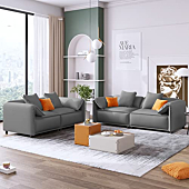 WILLIAMSPACE Luxury Modern 2-Piece Sofa Couch for Living Room, 90.6" 3 Seater Upholstery Sofa and 77.2" Mid Century Loveseat with 4 Pillows, Modular Sofa Set for Apartment, Office (Grey Tech Cloth)