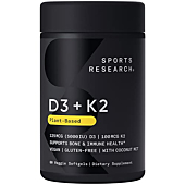 Sports Research Vitamin D3 + K2 with 5000iu of Plant-Based D3 & 100mcg of Vitamin K2 as MK-7 | Non-GMO Verified & Vegan Certified (60ct)