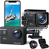 WOLFANG GA320 4K 60FPS Action Camera 20MP Touchscreen WiFi Underwater Camera, 40M Waterproof Helmet Bike Camera with 8X Zoom 6 AXIS EIS, Suitcase, Remote Control, 2x1050mAh Batteries, Accessory Kit