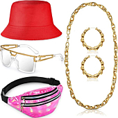 Handepo 5 Pcs Hip Hop Costume Kit 80s/90s Rapper Accessories Bucket Hat Sunglasses Rope Chain Hoop Earrings Waist Belt Bag (Red, Pink)