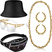 Handepo 5 Pcs Hip Hop Costume Kit 80s/90s Rapper Accessories Bucket Hat Sunglasses Rope Chain Hoop Earrings Waist Belt Bag (Black,)