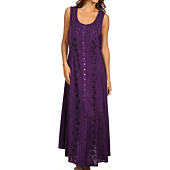Sakkas 15221 - Maya Floral Embroidered Sleeveless Button Up Rayon Dress - Purple - L/XL