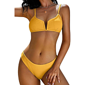 ZAFUL Women's V-Wire Padded Ribbed High Cut Cami Bikini Set Two Piece Swimsuit (1-Bee Yellow, S)