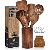 Wooden Spoons for Cooking, Wooden Cooking Utensils Set with Holder & Spoon Rest, Teak Wood Spoons and Wooden Spatula for Cooking, Nonstick Natural and Healthy Kitchen Cookware, Durable Set of 13pcs
