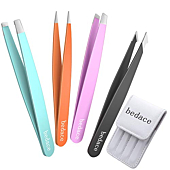 Tweezers For Women,bedace Stocking Stuffers 4 Pack Precision Tweezers For Eyebrows,Professional Slant Tip Tweezer Set For Ingrown Hair, Plucking Daily Beauty Tool with Leather Travel Case for Gifts