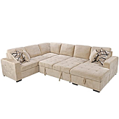 THSUPER 6-Seaters Sectional Sleeper Sofa with Pull Out Bed with Chaise Lounge and Storage, U Shape Couches Set for Living Room - Beige