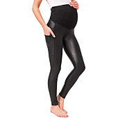 Tagoo Black Maternity Leather Leggings Over The Belly Pregnancy Yoga Pants with Pockets Maternity Clothes for Pregnant Women