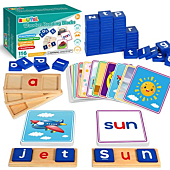 Educational Toys for 3 4 5 Years Old Kids - Wooden Short Vowel Reading Letters Spelling Toy with 50 Double-Sided Flash Cards, Preschool Kindergarden Learning Activities Toy for Boys and Girls
