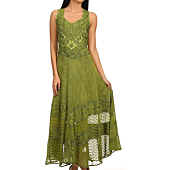Sakkas 15225 - Zendaya Stonewashed Rayon Embroidered Floral Vine Sleeveless V-Neck Dress - Green - 1X/2X