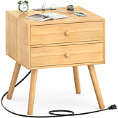 Homykic Nightstand with Charging Station, Bamboo Mid Century Modern Bedside Table with USB Outlets and 2 Drawers, Large Accent Boho Wood End Table Side Table for Bedroom, Easy to Assemble, Natural