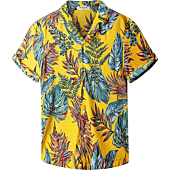 Derminpro Men's Summer Floral Hawaiian Shirts Short Sleeve Stretch Button Down Beach Shirt Leaf-Yellow Large