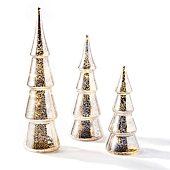 LampLust Mercury Glass Christmas Tree Decoration - Set of 3 Assorted Trees with Fairy Lights, 10 Inch Tall, Silver Finish, Batteries Included, Holiday Table Centerpiece or Mantle Decor