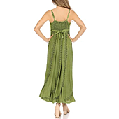 Sakkas 152105 - Allie Stonewashed Embroidered Adjustable Spaghetti Straps Long Dress - Green - L/XL