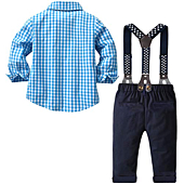 Baby Boy's 2 Pieces Tuxedo Outfit, Long Sleeves Plaids Button Down Dress Shirt with Bow Tie + Suspender Pants Set for Infant Newborn Toddlers, Blue, Tag 90 = 18-24 Months
