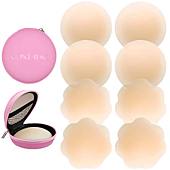 QUXIANG 4 Pairs Pasties Women Nipple Covers Reusable Adhesive Silicone Nippleless Covers Bra for Dress Cream (2 Round+2 Flower)
