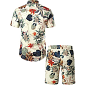 JOGAL Men's Flower Casual Button Down Short Sleeve Hawaiian Shirt Suits Large White