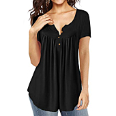 AMCLOS Womens Tops Floral V Neck T-Shirts Swing Blouses Button up Tunic Casual Flowy Summer Soft Short Sleeve(XL, Black)