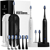 AquaSonic Duo Dual Handle Ultra Whitening 40,000 VPM Wireless Charging Electric ToothBrushes - 3 Modes with Smart Timers - 10 Dupont Brush Heads & 2 Travel Cases Included