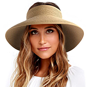 Woman on beach wearing wide brim straw visor hat (UPF 50+)