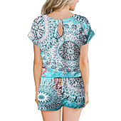 ANRABESS Women's Boho Printed Rompers Casual Loose Crewneck Short Sleeve Jumpsuit Pockets Elastic Waist Pajamas Loungewear A233-minzufeng-S