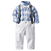 Baby Boy's Tuxedo Clothes, Long Sleeves Plaids Button Down Dress Shirt with Bow Tie + Suspender Pants Set Outfit Clothing for Infant Newborn Toddlers, S03 Light Blue, Tag 60 = 3 - 9 Months